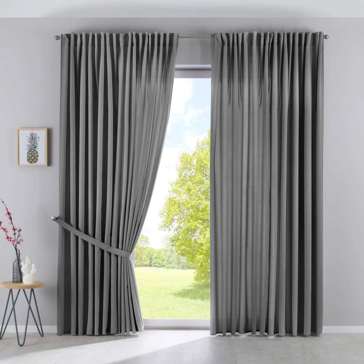 2er Set Vorhänge Verdeckte Schlaufen Cationic »JENA« Blickdicht Leinen Optik Gardinen Meliert Gardinenband mit Raffhalter 2019037-2 Grau HxB 250x300 cm Vorhang Set 2019037-2grau-breit | girdinenbox.com
