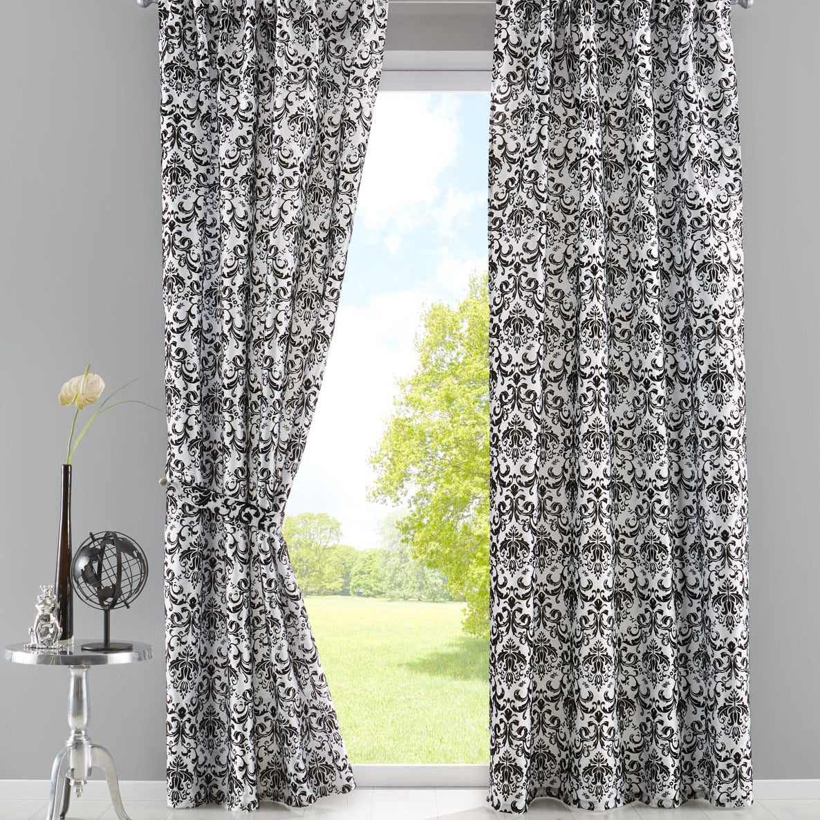 Vorhang Wildseide Optik blickdicht Flockfasern Deko gemustert, blickdicht mit verdecktem Schlaufenband 20200-20210 Weiß Schwarz Barock 2er Set HxB 245x140 cm Vorhang 20200-20210weiss_schwarz_barock-2er | girdinenbox.com
