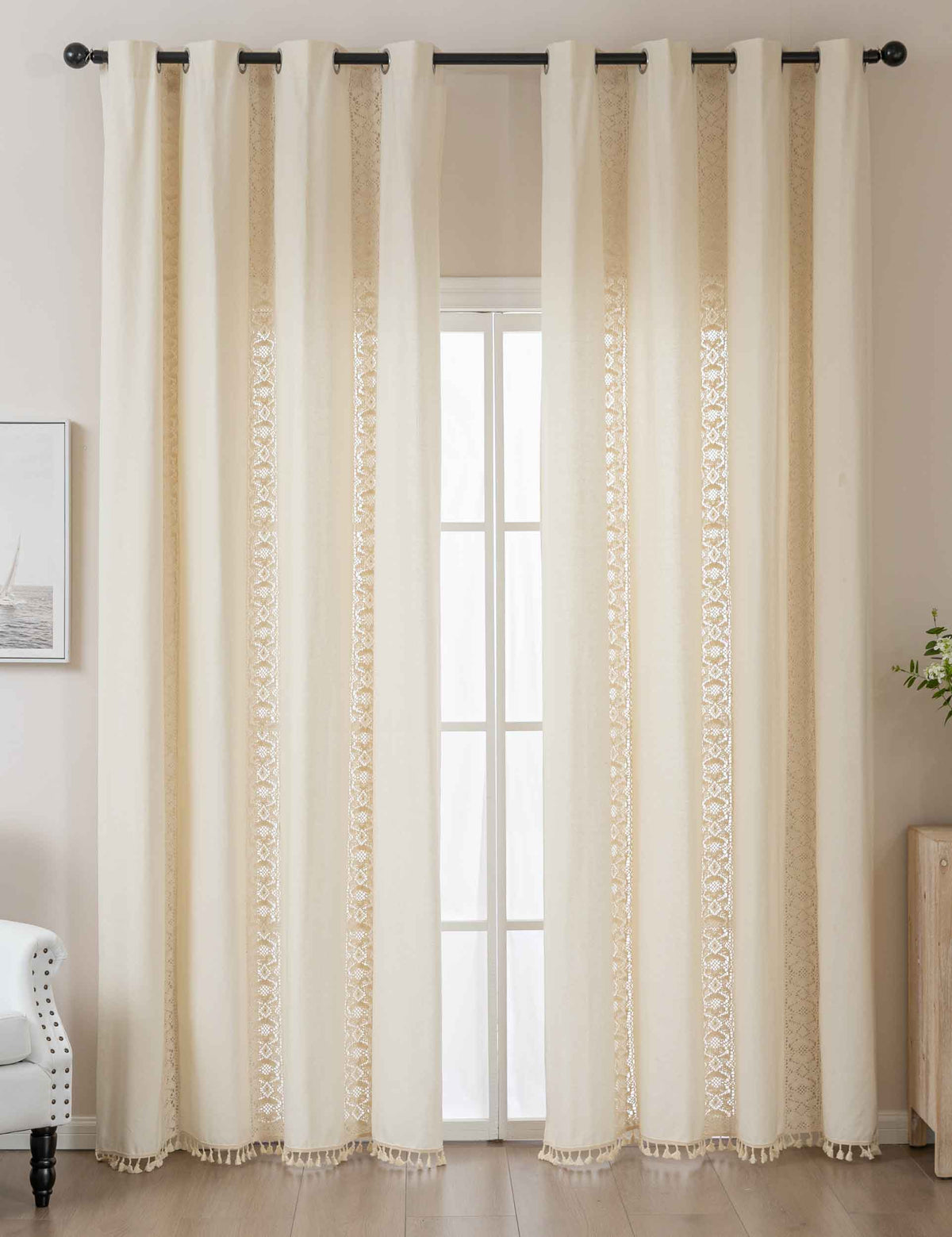 2er Set Vorhang Ösen »Osaka« HxB 245x140 cm Creme 100% Baumwolle Linenlook Makrameespitze Bommeln Raffhalter Gardinen Vorhang 2024130-2creme | girdinenbox.com