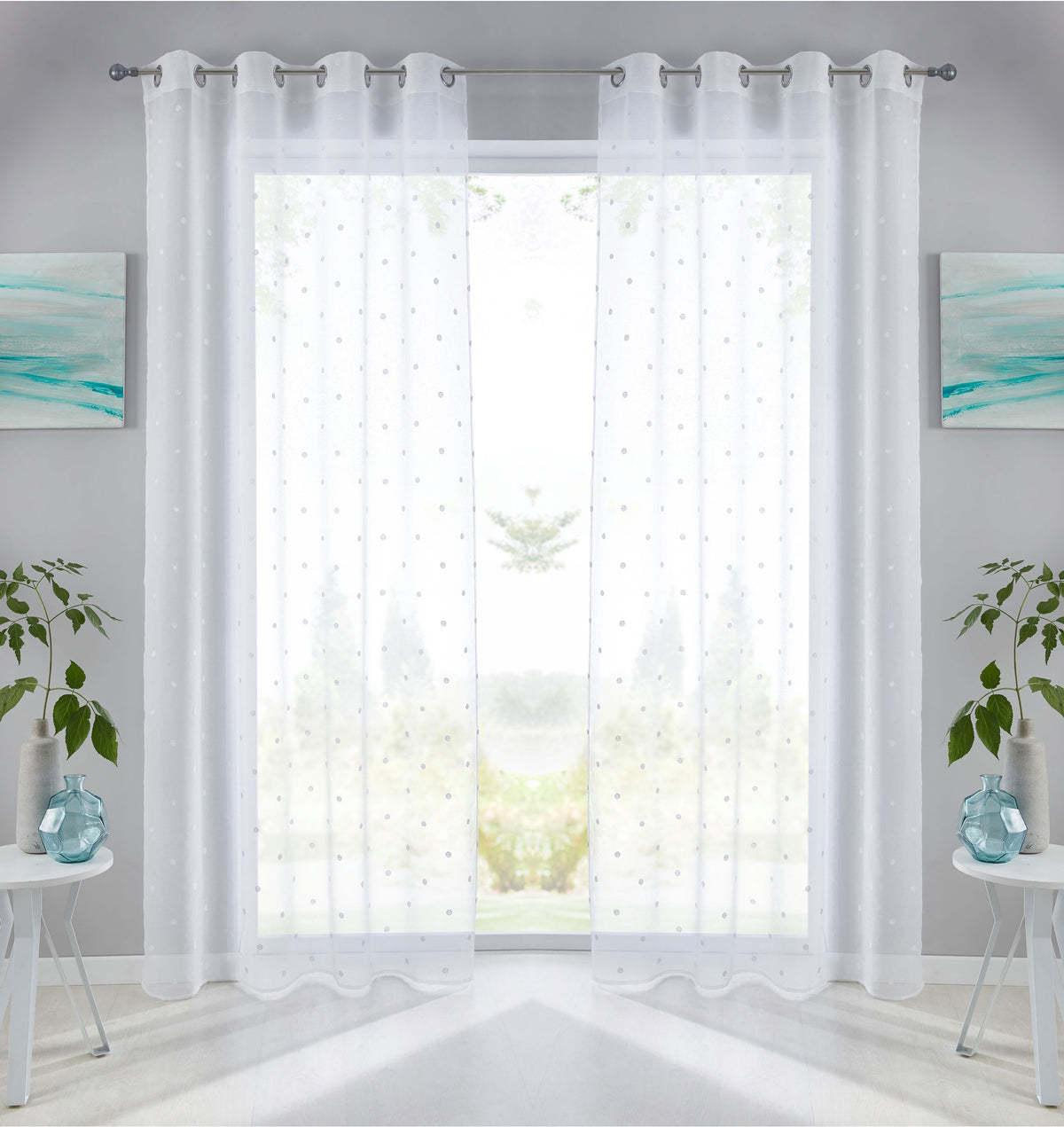 Gardine Ösen Schal Vorhang POMPEI Relief Stickerei Transparent Raffhalter 10000178 Punkt Weiß 2er-Pack HxB 245x140 cm Gardinenschal 10000178punkt_weiss-2 | girdinenbox.com