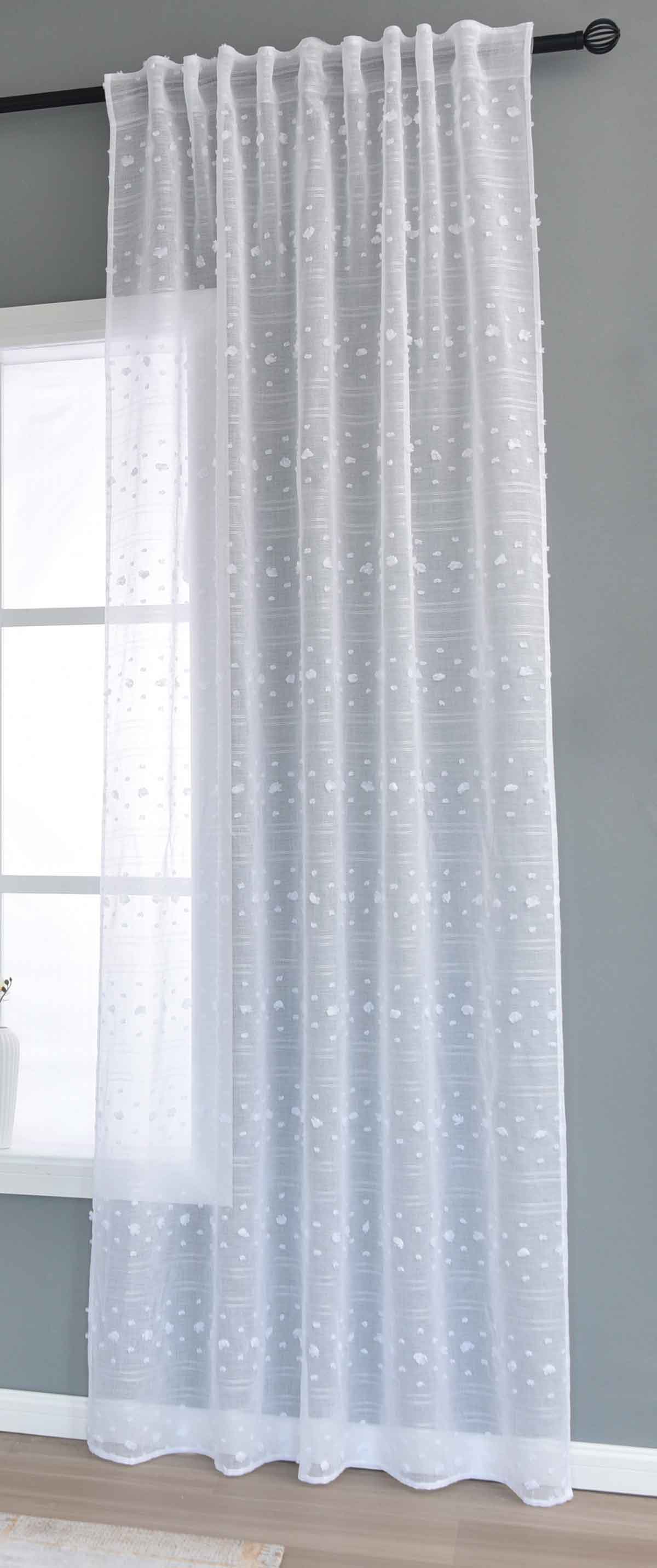 Gardine »VALENCIA« Multiband Aufhängung Scherli Transparent Leinen-Optik 2023400-408S Natur Pompom Gardinenschal 2023400-408Snatur_pompom | girdinenbox.com
