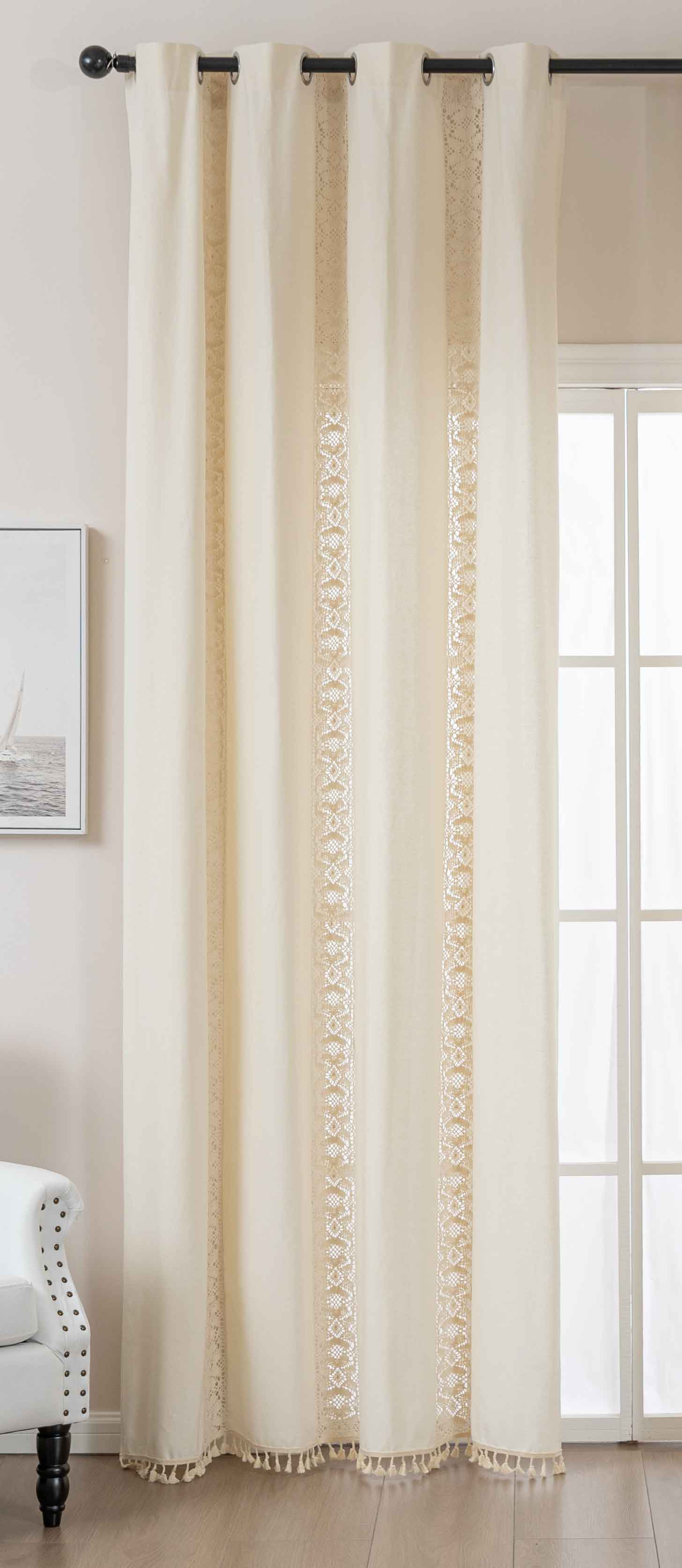 Vorhang Ösen »Osaka« HxB 245x140 cm Creme 100% Baumwolle Linenlook Makrameespitze Bommeln Raffhalter Gardinenschal 2024130creme | girdinenbox.com