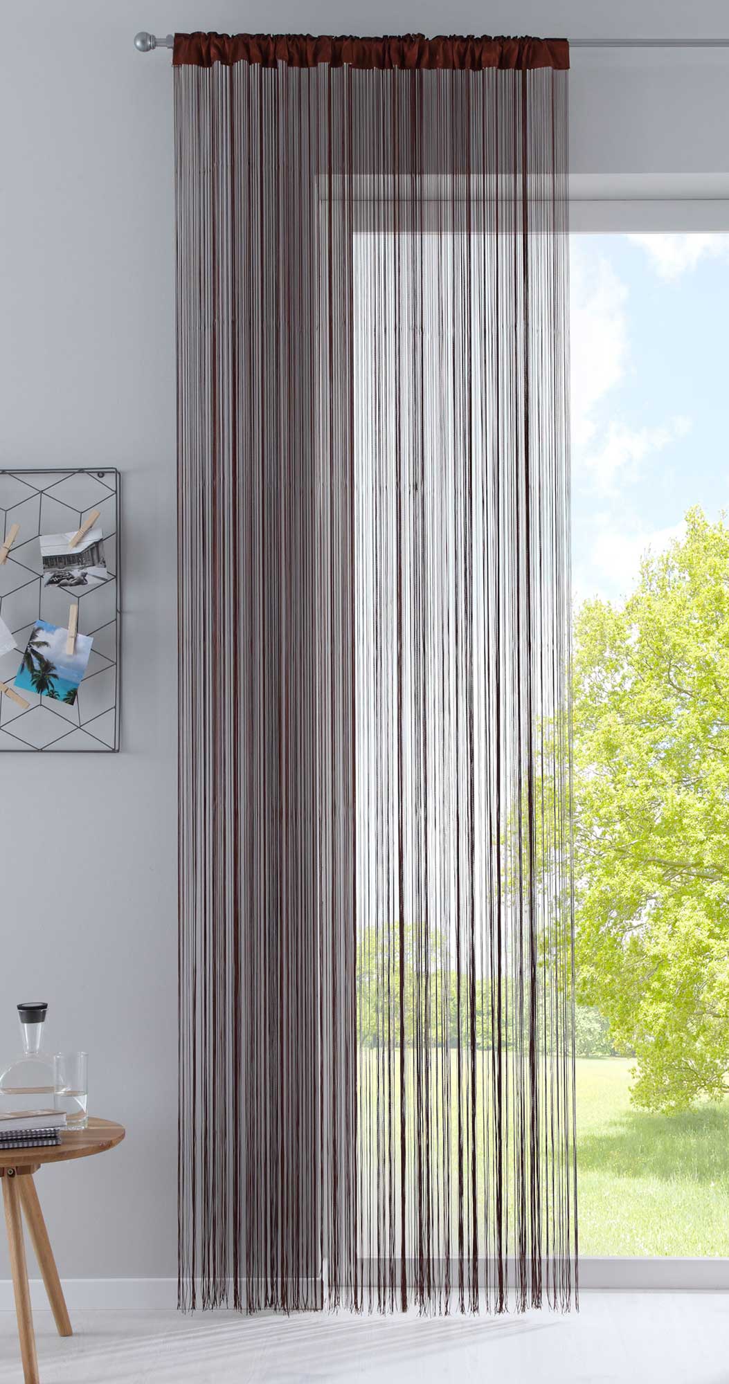 Fadengardine mit Tunneldurchzug und eingenähtem Kräuselband, geeignet für Gardinenstangen und Gardinenschienen Fadenvorhang Fadenstore Raumteiler 20303CN Braun HxB 270x90 cm Fadengardine 20303CNbraun_9faf871b-e291-469f-a5e2-5b48ba960a66 | girdinenbox.com