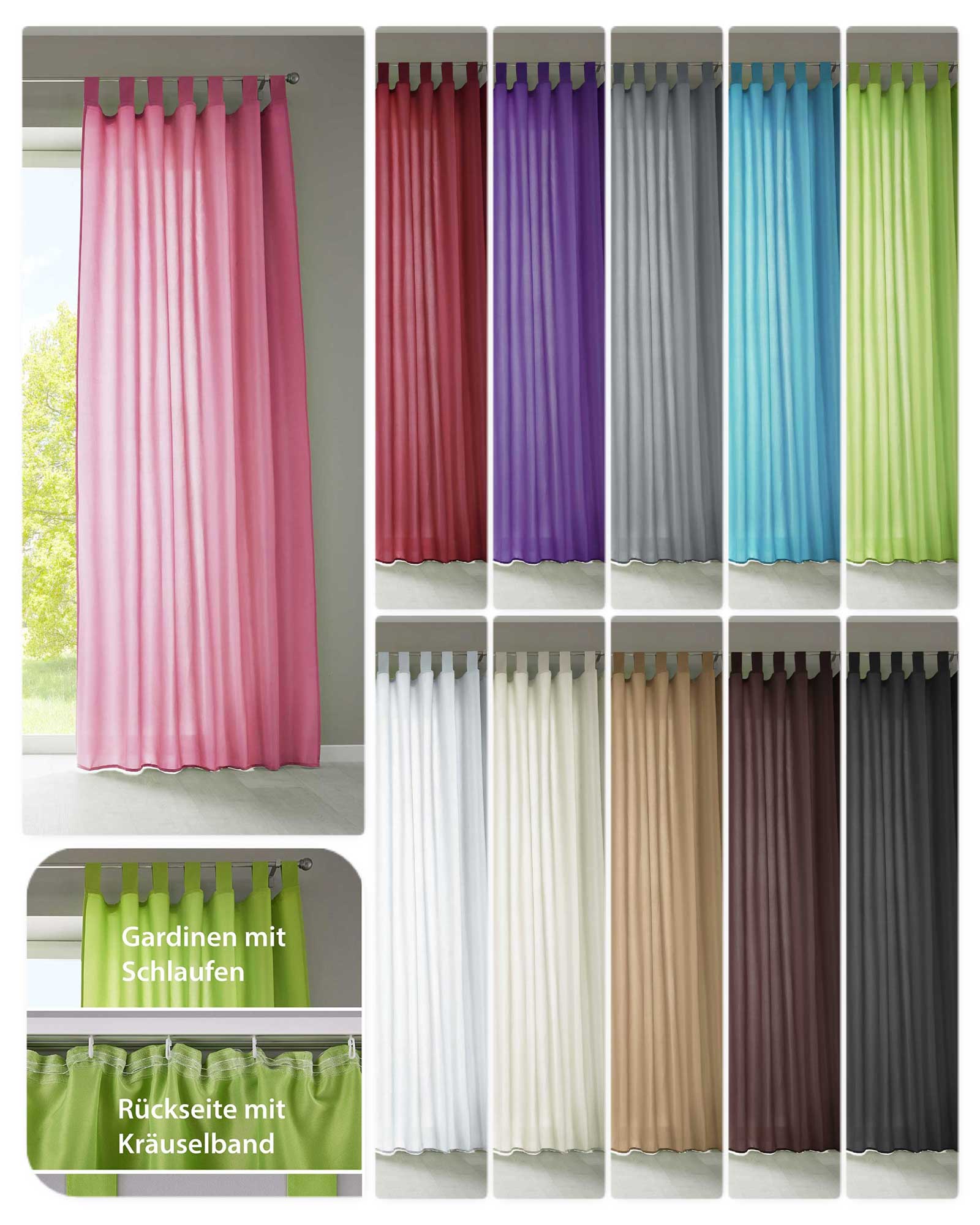 1er Set Vorhang Schal Schlaufen »Berlin« Microsatin Lichtdurchlässig Kräuselband Uni Matt 20400N Gardinenschal 20400Nvar | girdinenbox.com