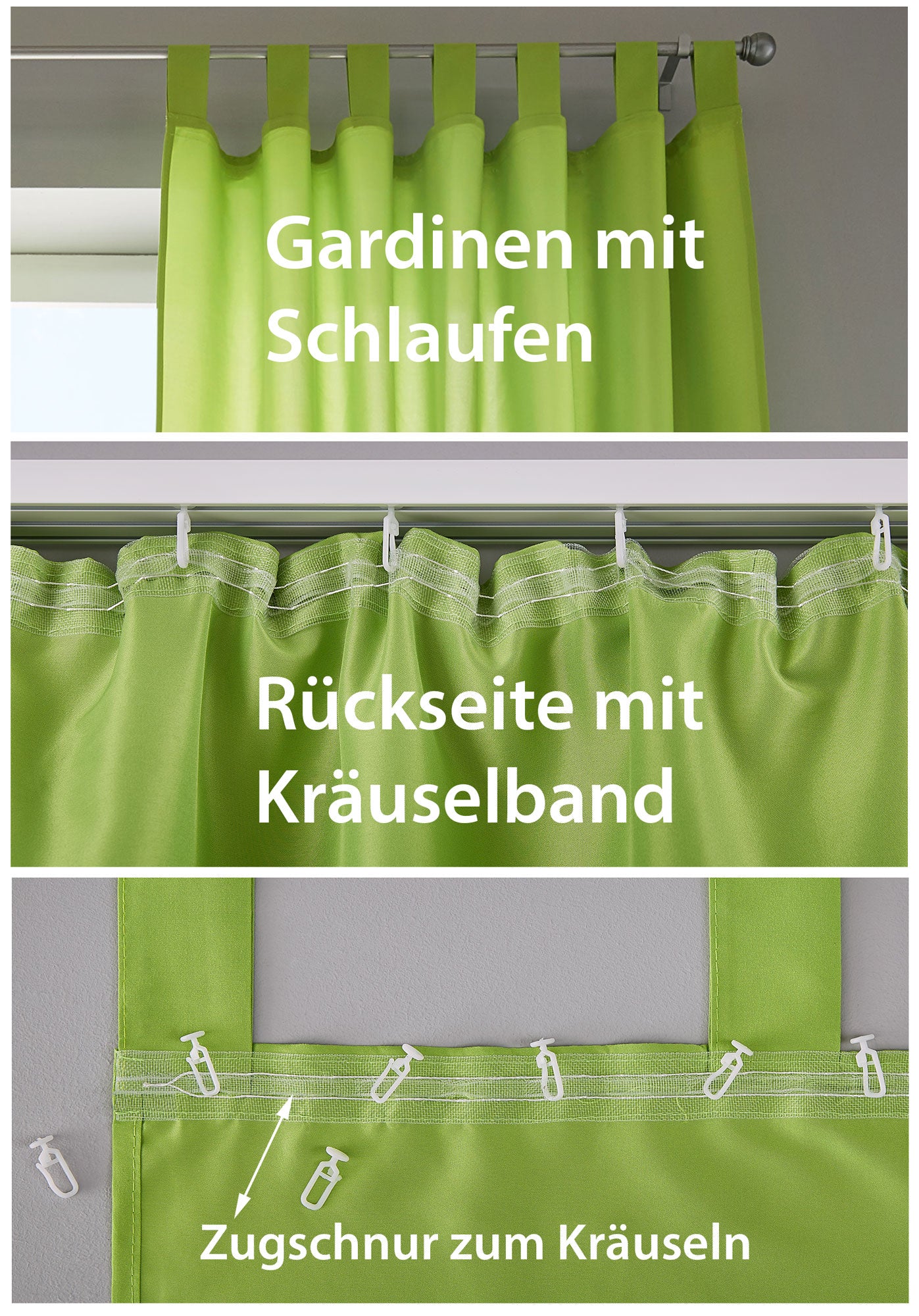 1er Set Vorhang Schal Schlaufen »Berlin« Microsatin Lichtdurchlässig Kräuselband Uni Matt 20400N Gardinenschal 20400_KOLLAGE_7 | girdinenbox.com