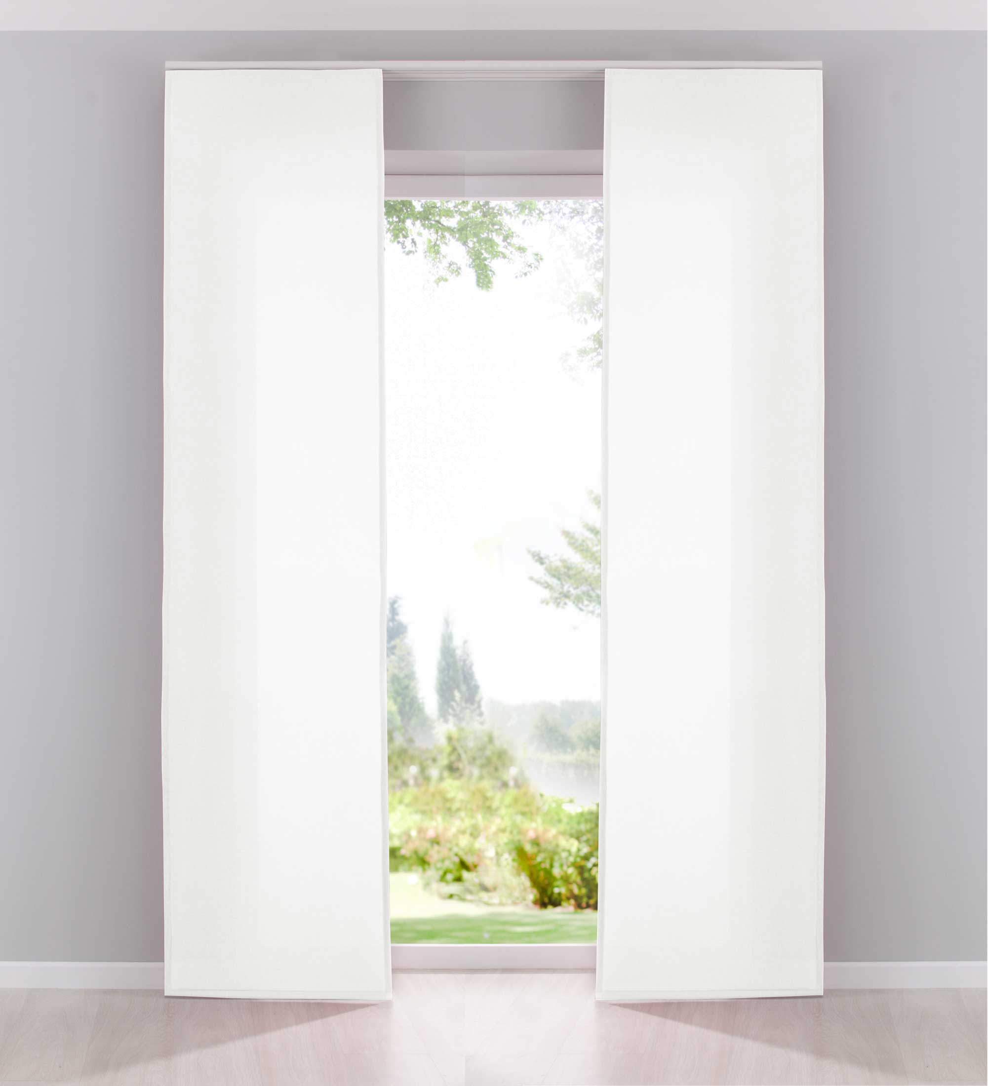 2er Pack Flächenvorhänge Schiebegardinen komplett Set Cationic blickdicht Leinen Optik natura seidenmatt Landhaus Stil 204411-2 Weiß Schiebegardine 204411-2weiss | girdinenbox.com