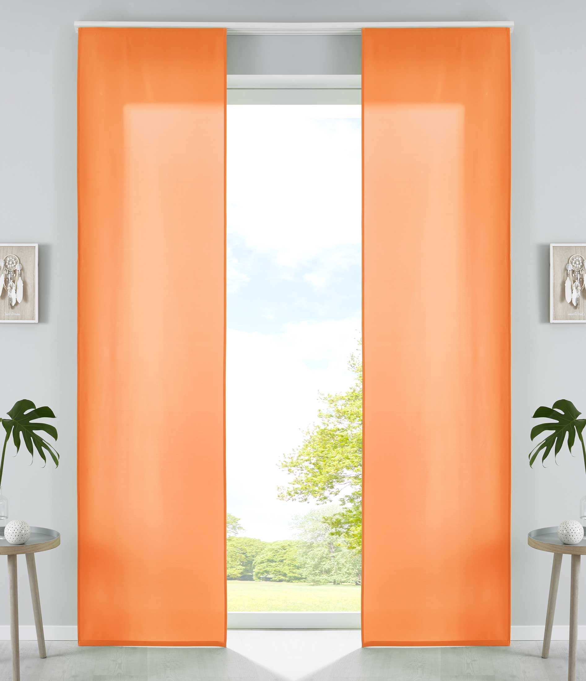 2er Set Schiebegardinen Flächenvorhänge Mikrofaser Vorhang Gardine Schiebe Matt Paneelwagen Beschwerungsstangen 85600N2 Orange Schiebegardine 85600N2orange | girdinenbox.com
